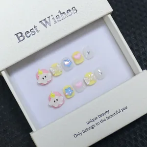 Handmade 3D cartoon press-on nails for girls with clouds and stars in a gift box