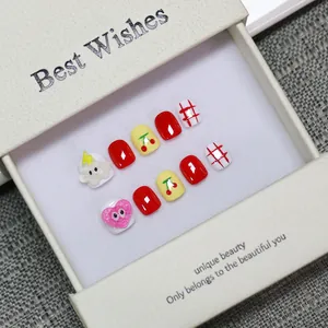 Handmade cute cartoon press-on nails set with red hearts and clouds in a gift box