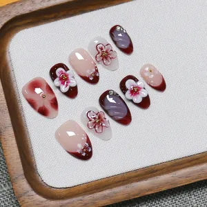 Handmade Elegant Floral Press On Nails Wine Red Nude Pink Short Almond Fake Nails With Rhinestones For Women Party Accessory