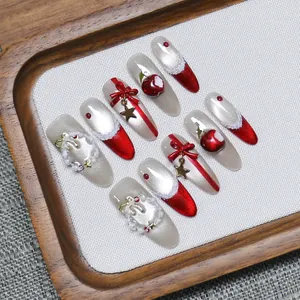 Christmas Red Cat Eye Press On Nails With 3D Bowknot Apple Wreath Star Handmade French Fake Nail Tips For Women Party