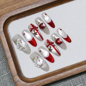 Christmas garland and red cat-eye bow handmade press-on nails with 3D apple accents