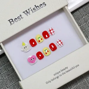 Handmade cute cartoon press-on nails for kids with 3D clouds and cherry designs in a gift box