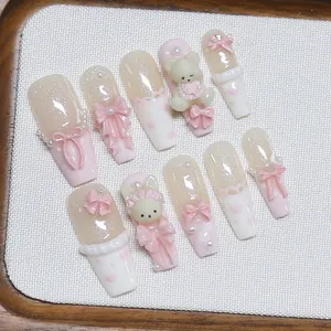 Handmade Press On Nails Pink Coffin Fake Nails With 3D Bear Rabbit Bow Pearl For Women Sweet Nail Art Decoration