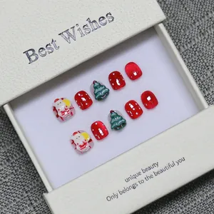 Handmade Christmas Kids Press On Nails 3D Santa Claus Tree Red Glitter Short False Nails For Girls Holiday Manicure Gift