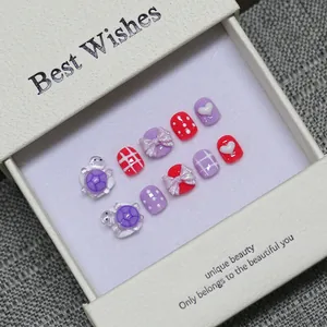 Handmade Kids Press On Nails Cute Cartoon Turtle Design Resin Fake Nails Purple Red Heart Bow Pattern DIY Manicure