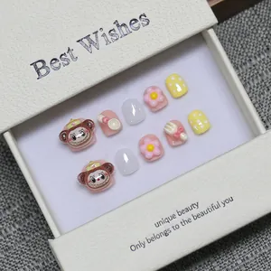 Handmade Cartoon Monkey Flower Press On Nails For Kids Cute 3D Pink Yellow Short Round Fake Nails With Gift Box