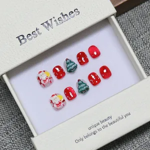 Handmade Christmas press-on nails for kids with 3D Santa and tree designs in a gift box