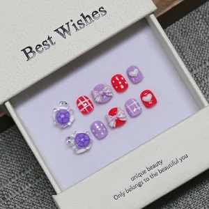 Handmade 3D turtle and bowknot press-on nails for kids in purple and red gift box