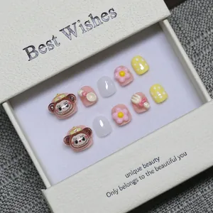 Handmade 3D cartoon press-on nails for kids with cute monkey figurines in a gift box