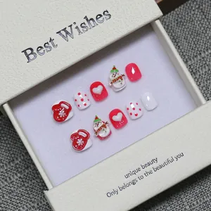 Faux Ongles Noël pour Enfants Fait Main 3D Relief Bonhomme de Neige Rouge Blanc Cœur Pois Mignon Court Ongles Artificiels Cadeau