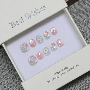 Handgefertigt Künstliche Nägel Kinder Rosa Katzenauge Silber Glitzer Schmetterling Blume Kurz Rund Nagelkunst Geschenk