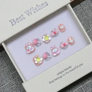 Faux Ongles à Presser pour Enfants Fait Main Paradis Sucré 3D Dessin Animé Lapin Sucette Fleur Nœud Résine Cadeau Fille