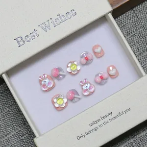 Faux ongles 3D faits main pour enfants avec nœuds roses et motifs de lapins à paillettes