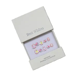 Faux ongles 3D roses et blancs pour enfants avec lapins et nœuds en boîte cadeau
