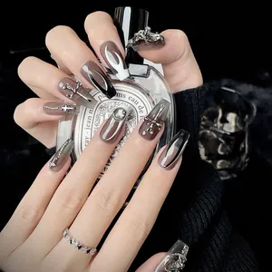 Gothic dark grey gradient press-on nails with silver metal cross and flame art