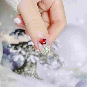 Uñas postizas de Navidad hechas a mano con árbol verde y detalle de estrella roja 3D