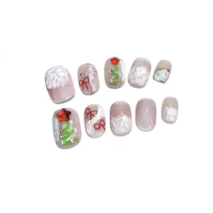 Uñas postizas 3D hechas a mano para Navidad con copos de nieve, purpurina y perlas festivas