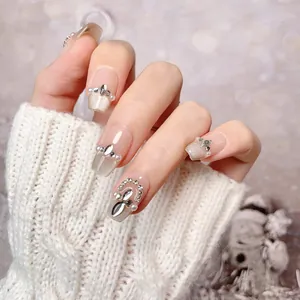 Uñas Postizas Press On Francesas Ojo de Gato Hechas a Mano Con Diamantes de Imitación y Perla Artificial Lujo Rosa Nude Forma de Ataúd para Mujer
