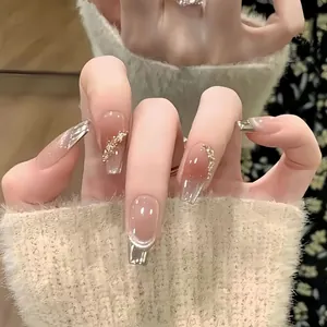 Handmade Pink Gradient Cat Eye Press On Nails Long Coffin Fake Nails With Rhinestone Gold Foil Accents Elegant Manicure