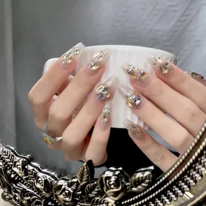 Handgemaakte Luxe Strass Plaknagels Aurora Sterrenhemel Coffin Vorm Volledig Met Edelstenen Zilveren Glitter Kunstnagels Voor Vrouwen Feest