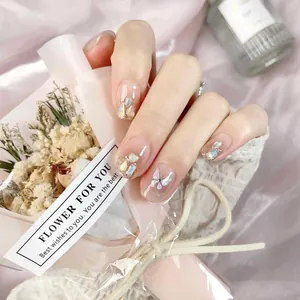 Handmade Butterfly Press-On Nails With Shell Fragments Glitter Shimmer Pink Fake Nails Short Medium Length For Women Beauty
