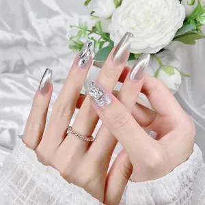 Silver cat-eye press-on nails with glitter diamonds and rhinestones in ballet style