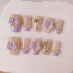 Handmade Press On Nails Purple Bow Rhinestone Pearl French Tip Coffin False Nails For Women Sweet Girl Nail Art Decor