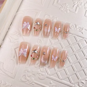 Handmade Pink Gradient Cat Eye Press On Nails With 3D Butterfly Rhinestone Decoration Elegant Glossy Coffin Fake Nails For Women