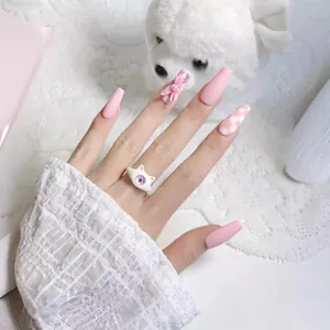 Pink and white checkered press-on nails with 3D bunny and cat ear cat-eye stone ring