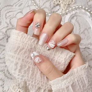 Handmade French White Swan Press On Nails Cat Eye 3D Relief Rhinestone Luxury Short Coffin Fake Nails For Women Party Jewelry