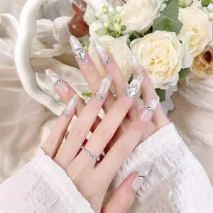 Handmade Luxury Cat Eye Press On Nails Long Almond Shaped 3D Rhinestone Glitter False Nails For Women Party Nail Art Decor
