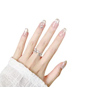Handcrafted silver butterfly open ring with sparkling zircons and cat-eye nail art