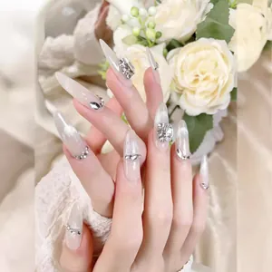 Handmade long almond cat eye press-on nails with luxury 3D zircon rhinestones