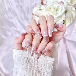 Handmade Pink Gradient Cat Eye Press On Nails Ribbon Bow Artificial Pearl Rhinestone Coffin False Nails Women Wedding Jewelry