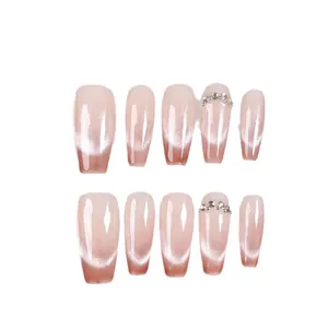 Handmade nude gradient cat-eye press-on nails with sparkling rhinestones, 10-piece set