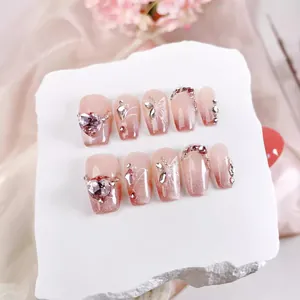 Handmade Luxury Coffin Press On Nails Pink Gradient Cat Eye Heart Rhinestone Butterfly Fake Nails For Women Nail Art