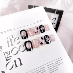 Handgefertigte Katzenauge Nagel-Tips Zum Aufkleben Schwarz Rosa Farbblock Stern Design Dreidimensionale Edelstein Wiederverwendbare Ballett Quadratische Falsche Nägel Für Damen Schönheit