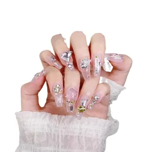 Luxurious handmade coffin press-on nails with 3D heart diamonds and butterfly charms