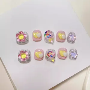 Handgefertigte Künstliche Fingernägel Für Kinder Süßer Cartoon Blume Herz Lollipop Glitzer Kurze Falsche Nägel Für Mädchen