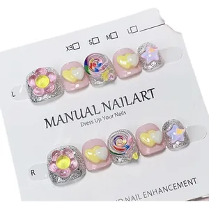 Handgefertigte 3D-Lutscher-Pink-Glitzer-Aufklebe-Zehennägel für Mädchen, 10er-Set