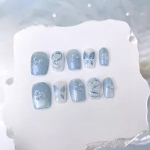 Handmade Light Blue Cat Eye Press On Nails With 3D Butterfly Artificial Pearl Hand Painted Ballerina False Nails