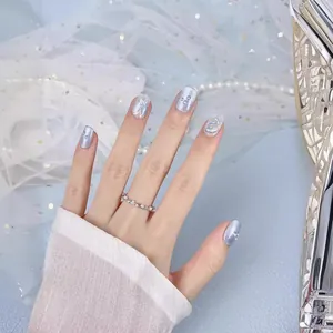 Silver blue cat eye press-on nails with 3D butterfly and snake relief design