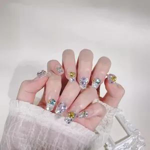 Sparkling long square press-on nails with colorful rhinestones and crystal charms
