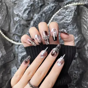 Handmade black luxury french press-on nails with white petal texture and pearl chains