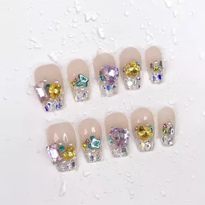 Handmade Luxury Press On Nails Rhinestone Sparkling Heart Butterfly Long Coffin Ballerina Fake Nails For Women Party Jewelry