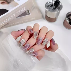 Handmade light purple cat-eye press-on nails with 3D silver relief and pearls