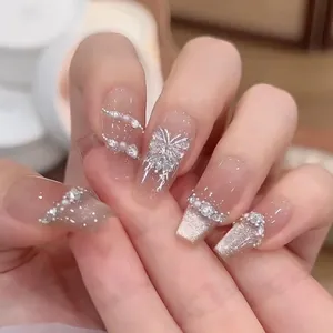 Handmade Brown Gradient Press On Nails With 3D Silver Butterfly Rhinestones French Luxury Style For Women Daily Manicure
