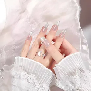 French cat-eye press-on nails with silver glitter and star-moon open ring set