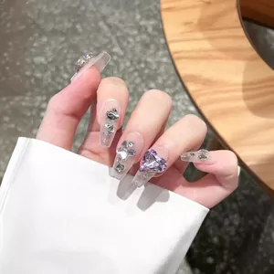 Handmade Long Coffin Press On Nails Sparkling Purple Heart Rhinestone Exquisite Luxury Silver Butterfly Nail Art Patches For Women