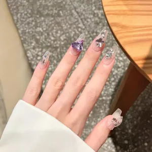 Sparkling long coffin press-on nails with purple heart crystal and silver glitter accents